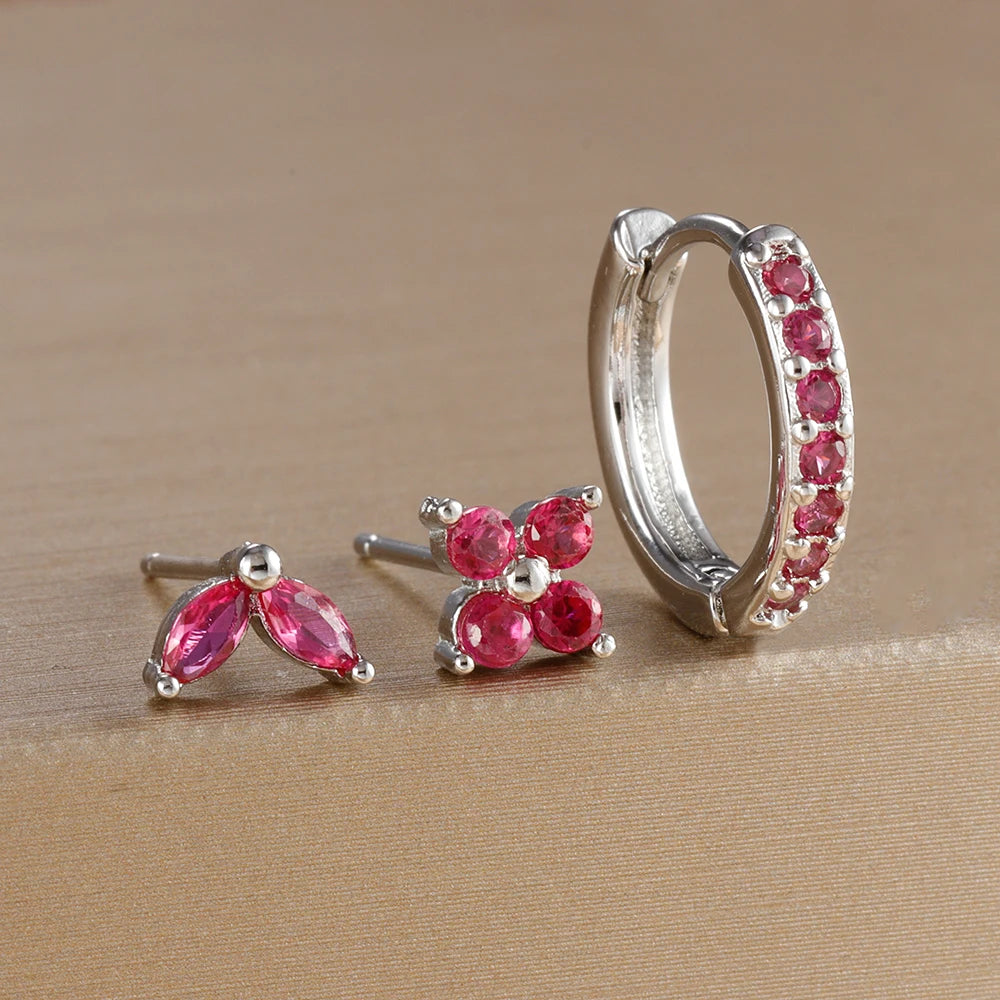 Lot de 3 Boucles d’Oreilles Argentées et Zircon Rose
