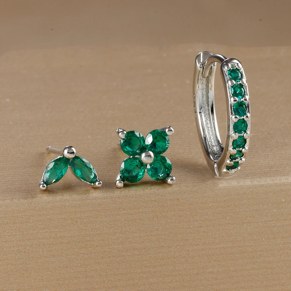 Lot de 3 Boucles d’Oreilles Argentées et Zircon Vert