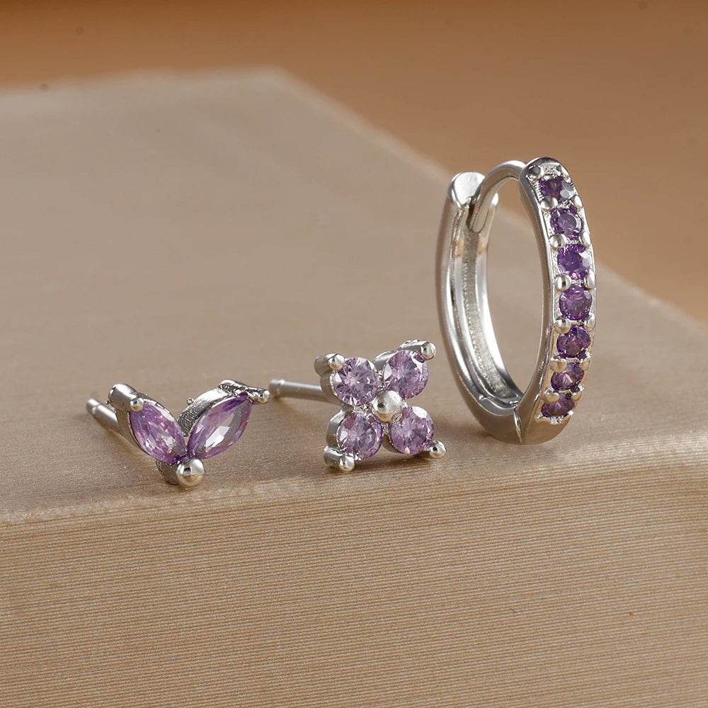 Lot de 3 Boucles d’Oreilles Argentées et Zircon Violet