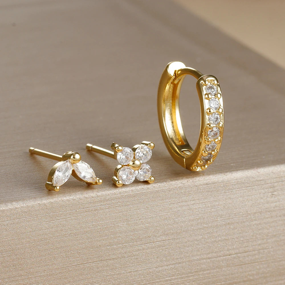 Lot de 3 Boucles d’Oreilles Dorées et Zircon Blanc