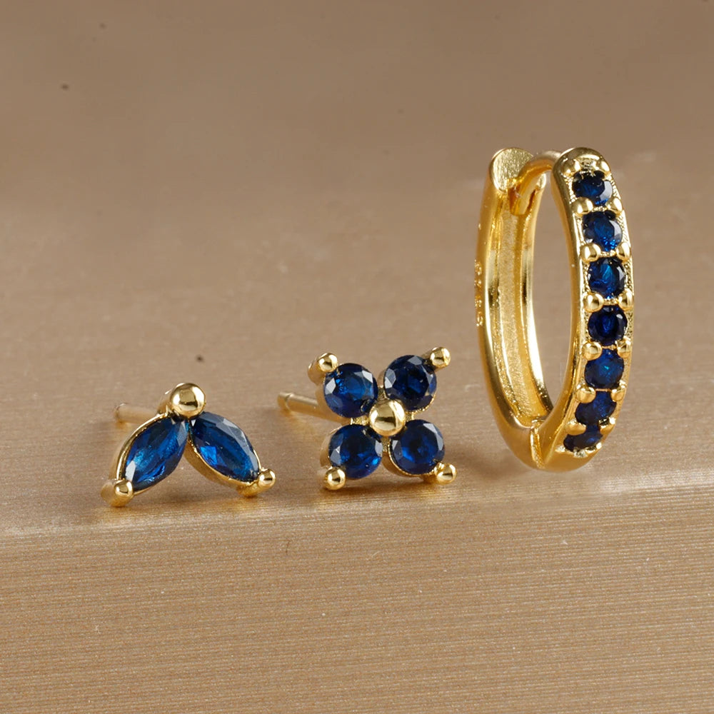 Lot de 3 Boucles d’Oreilles Dorées et Zircon Bleu