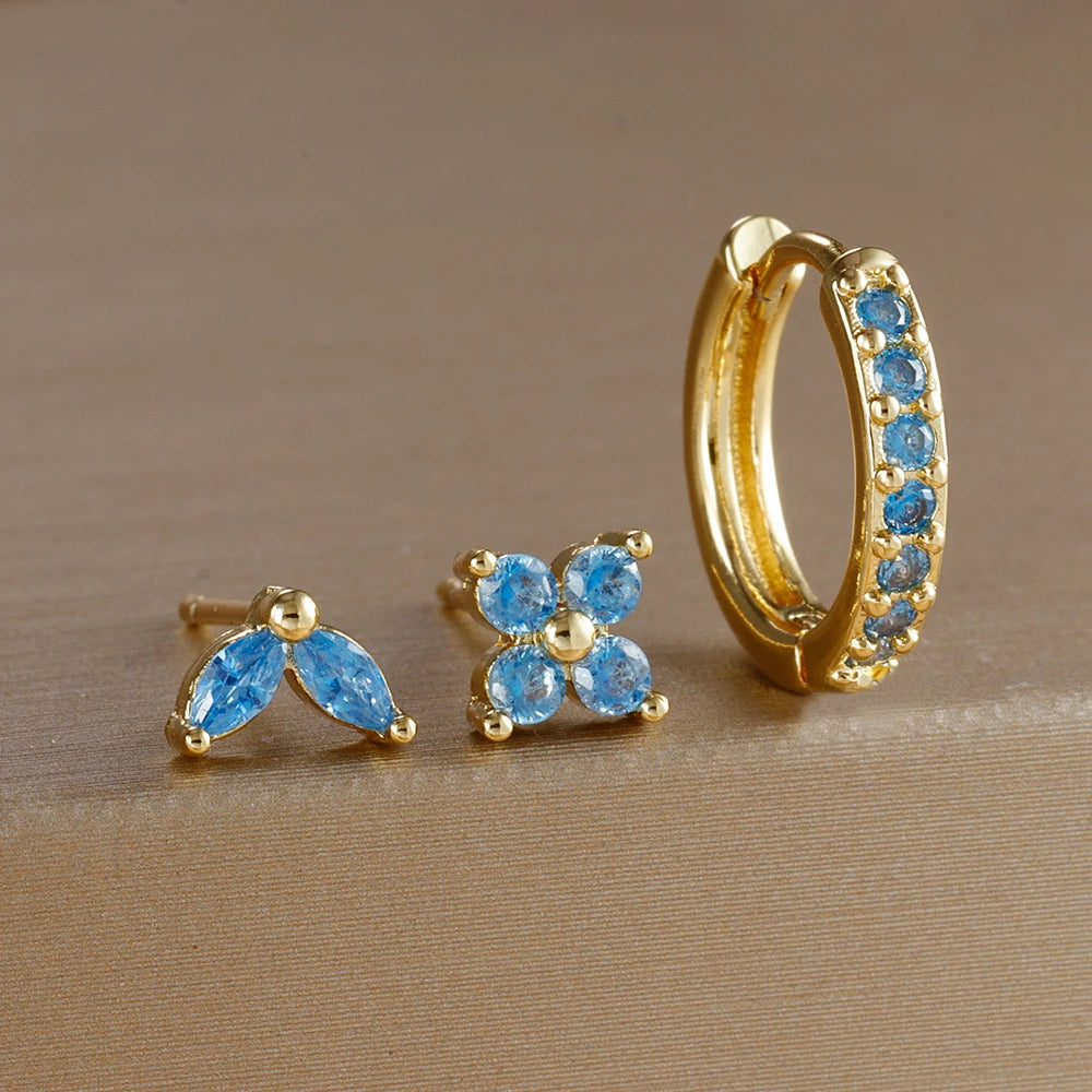 Lot de 3 Boucles d’Oreilles Dorées et Zircon Bleu ciel