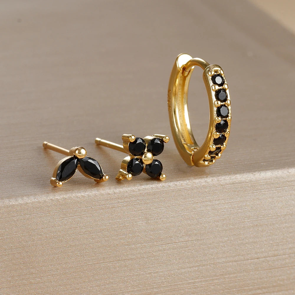 Lot de 3 Boucles d’Oreilles Dorées et Zircon Noir