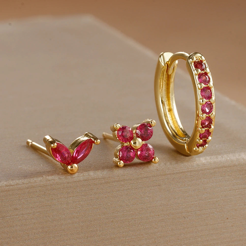 Lot de 3 Boucles d’Oreilles Dorées et Zircon Rose
