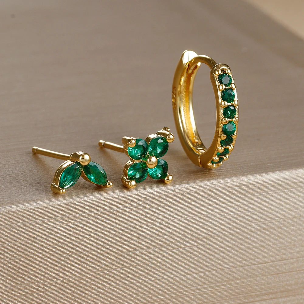 Lot de 3 Boucles d’Oreilles Dorées et Zircon Vert
