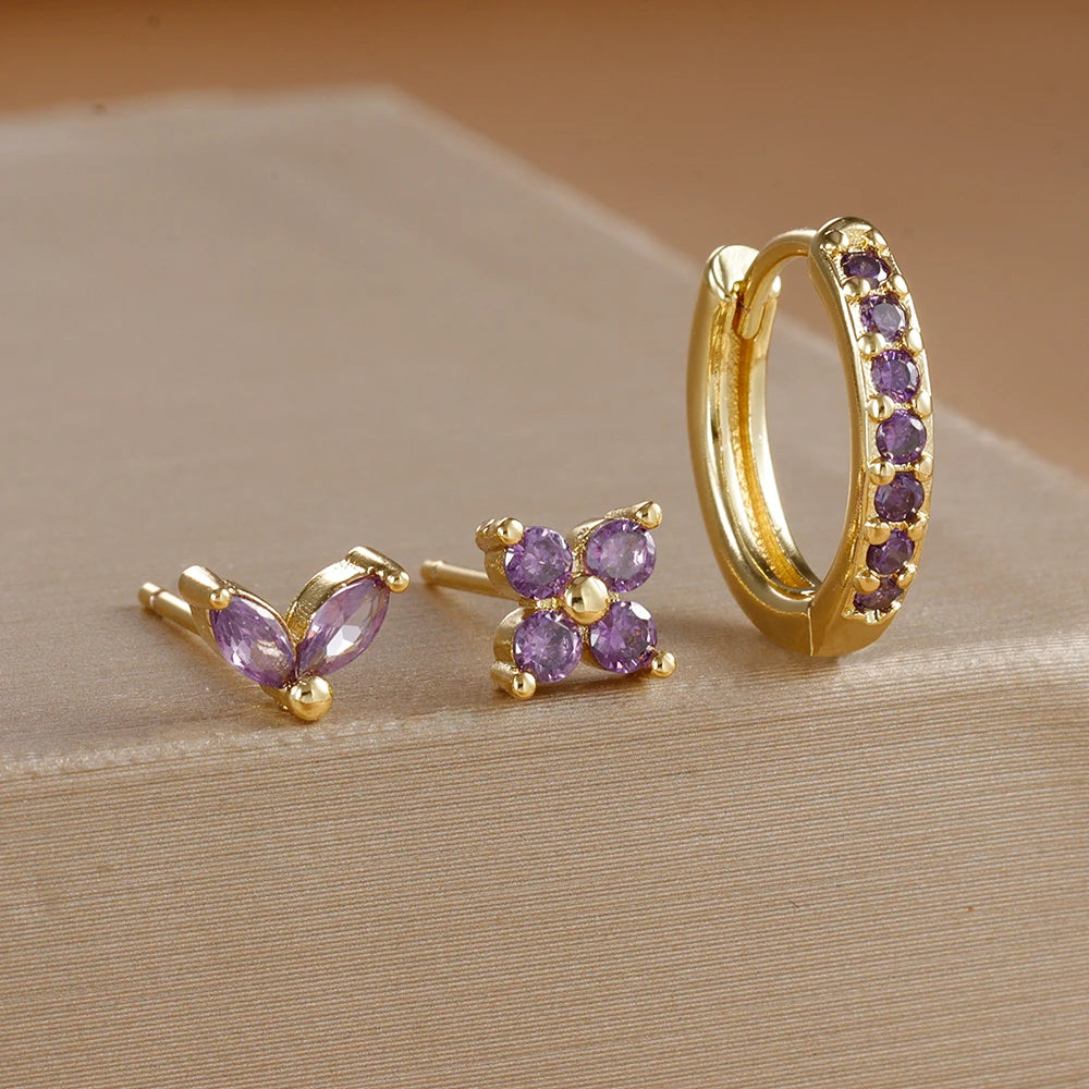 Lot de 3 Boucles d’Oreilles Dorées et Zircon Violet