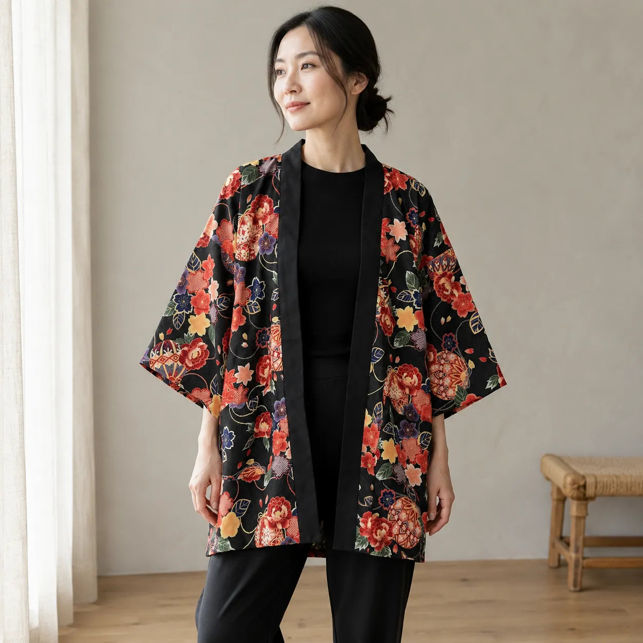 Manteau Kimono Noir Floral