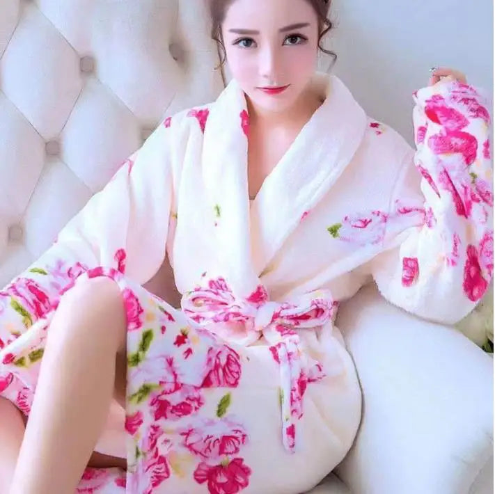 Peignoir Kimono en Flanelle Fleuri Blanc