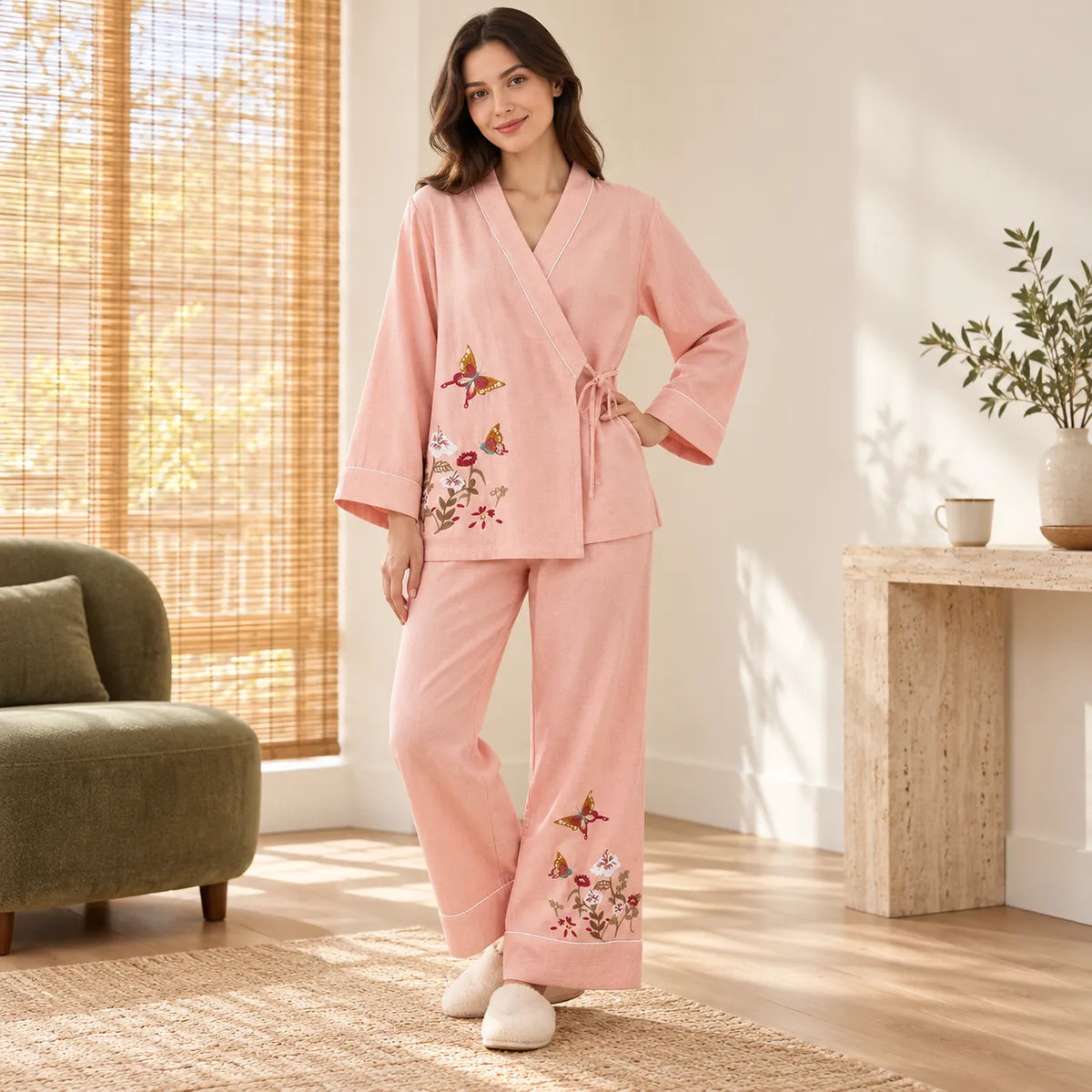 Pyjama Japonais Femme Brodé Rose