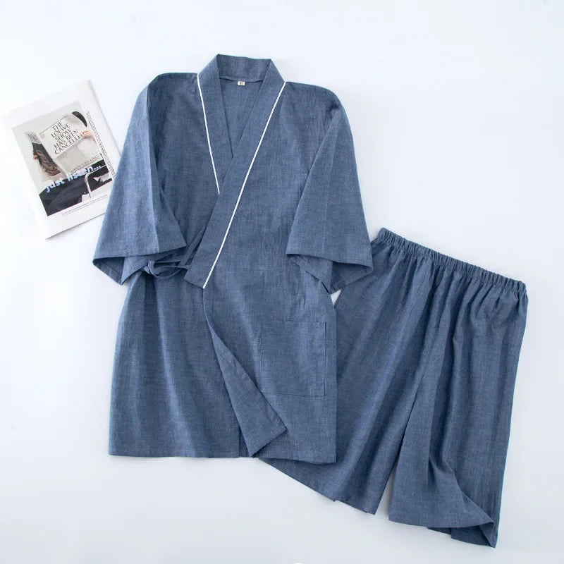 Pyjama Kimono Bleu Confortable en Coton Doux
