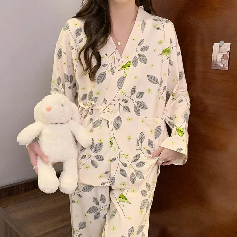Pyjama Kimono Confortable à Feuillages