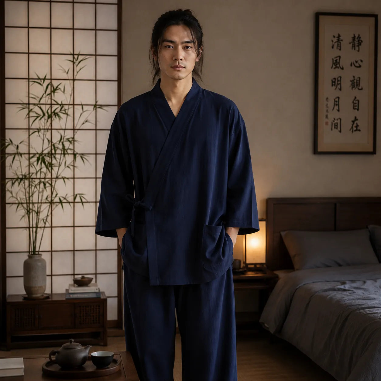 Pyjama Kimono Homme Bleu Épuré Design