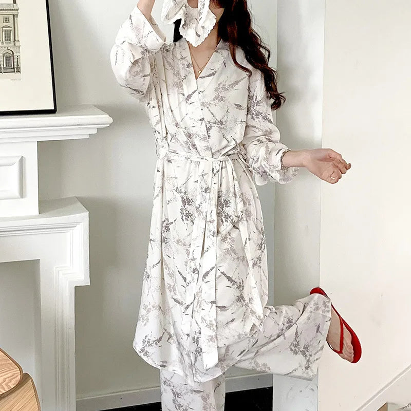 Pyjama Kimono Long Blanc Imprimé