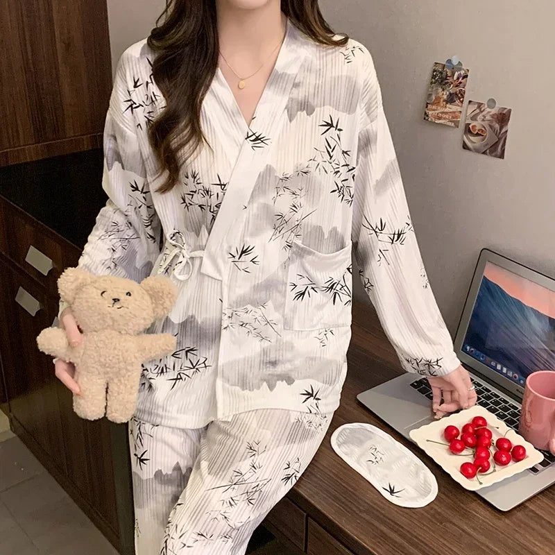 Pyjama Kimono Motifs Bambou Blanc Léger