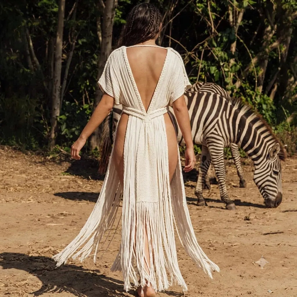 Robe Kimono Blanche à Double Fente Stylé
