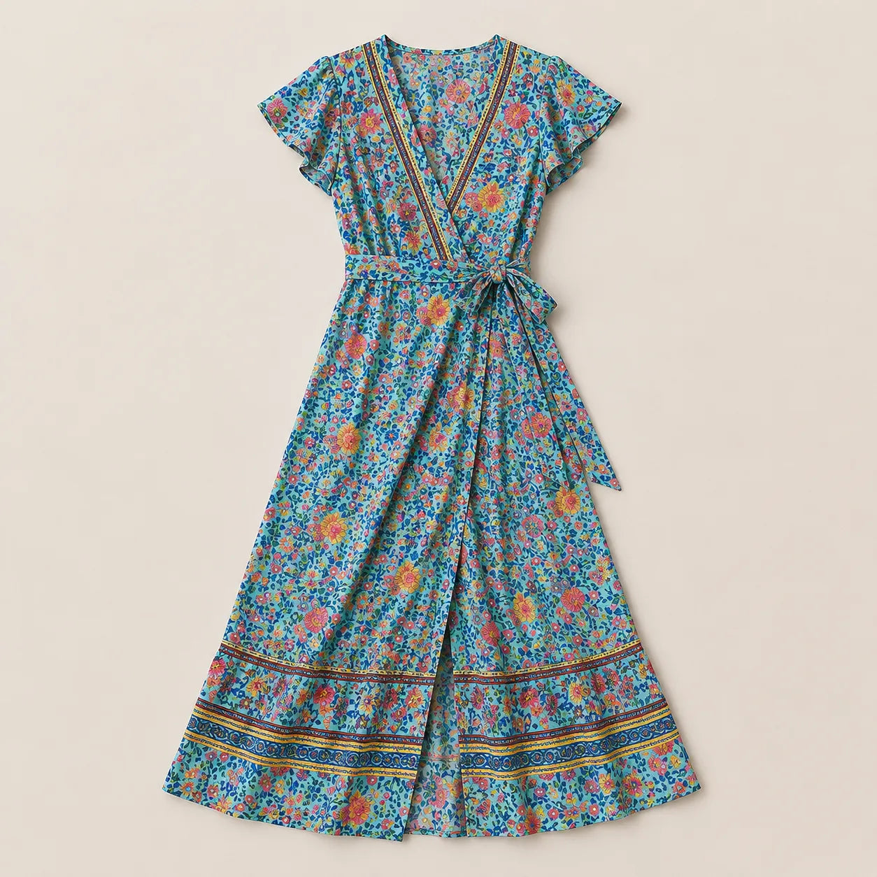 Robe Kimono Bleue Fleurie Stylé