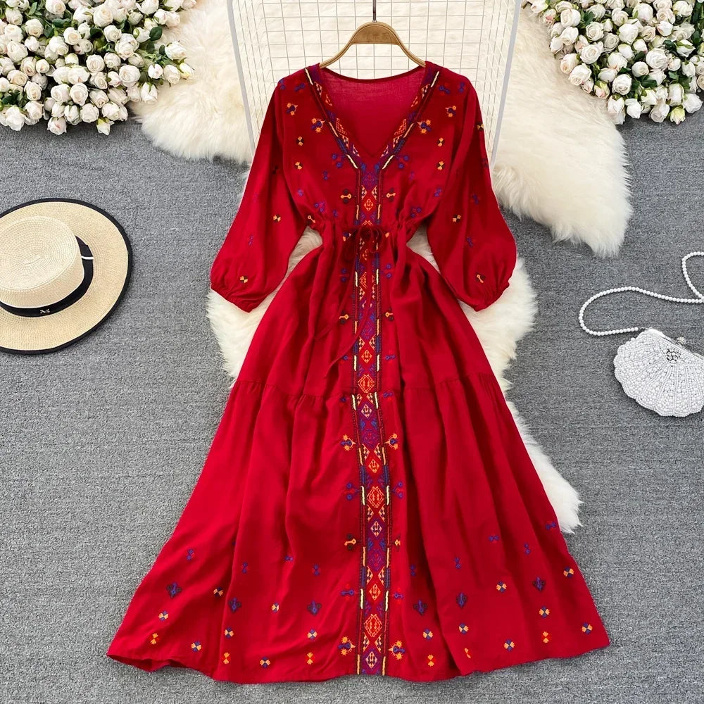 Robe Kimono Légère Brodée Rouge