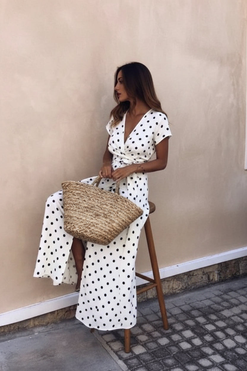 Robe Kimono Maxi à Pois Blanc fluide