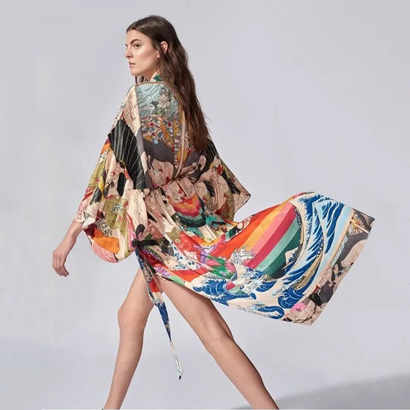 Robe Kimono Plage Vagues Femme
