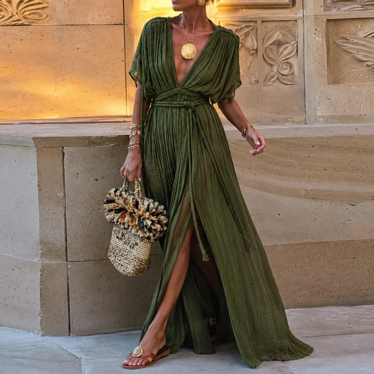 Robe Kimono Verte Maxi Légère Design