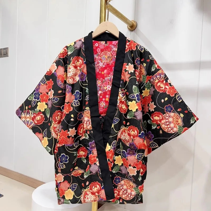 Manteau Kimono Noir Floral Léger