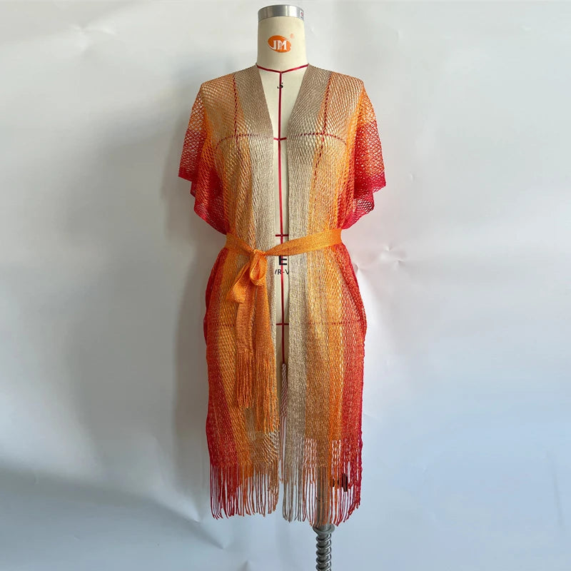 Kimono de Plage Orange à Franges Tendance