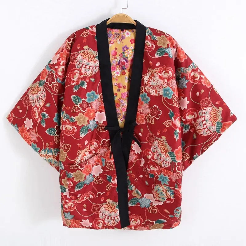 Manteau Kimono Rouge Fleuri élégant