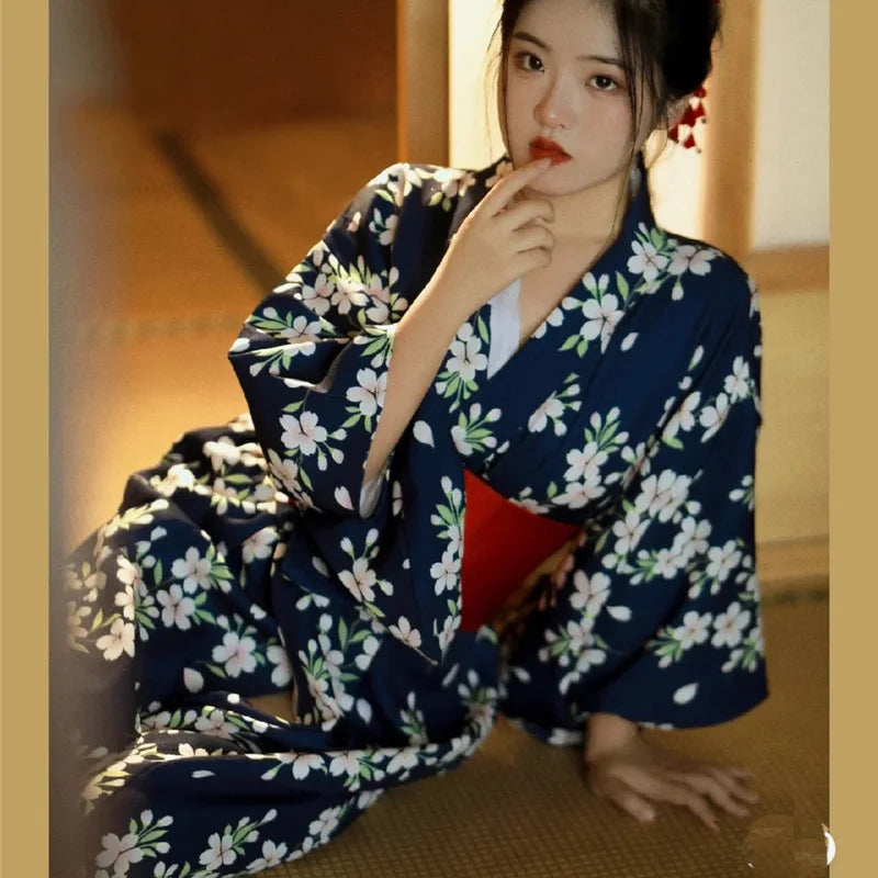 Kimono Japonais Femme Bleu Floral à la Mode