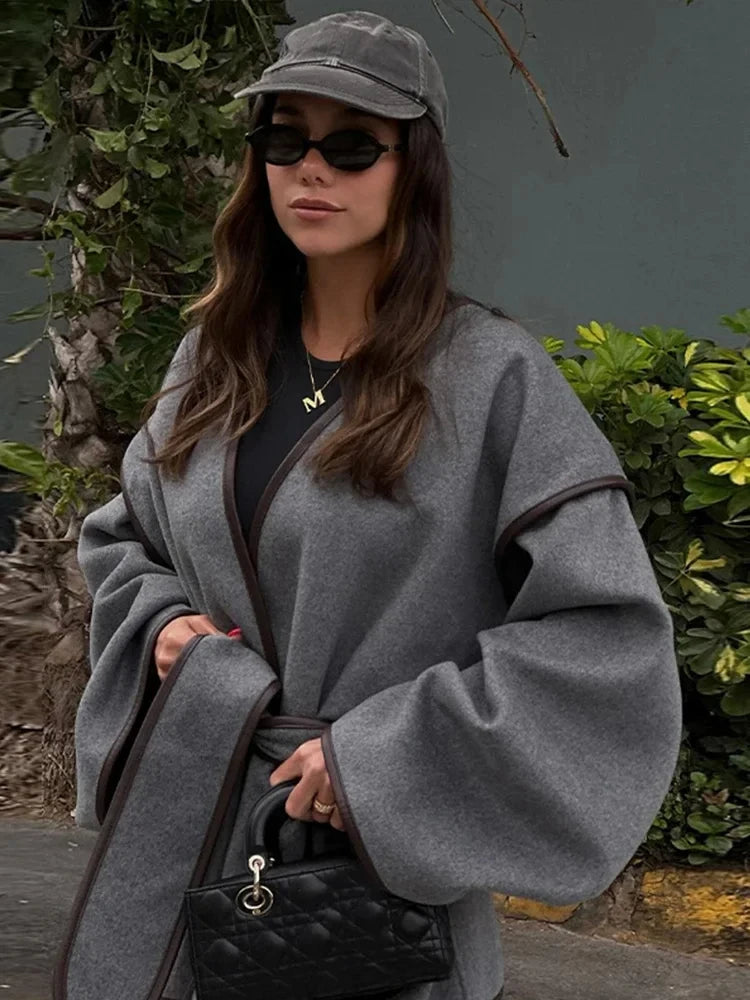 Manteau Kimono Gris Oversize Chaud
