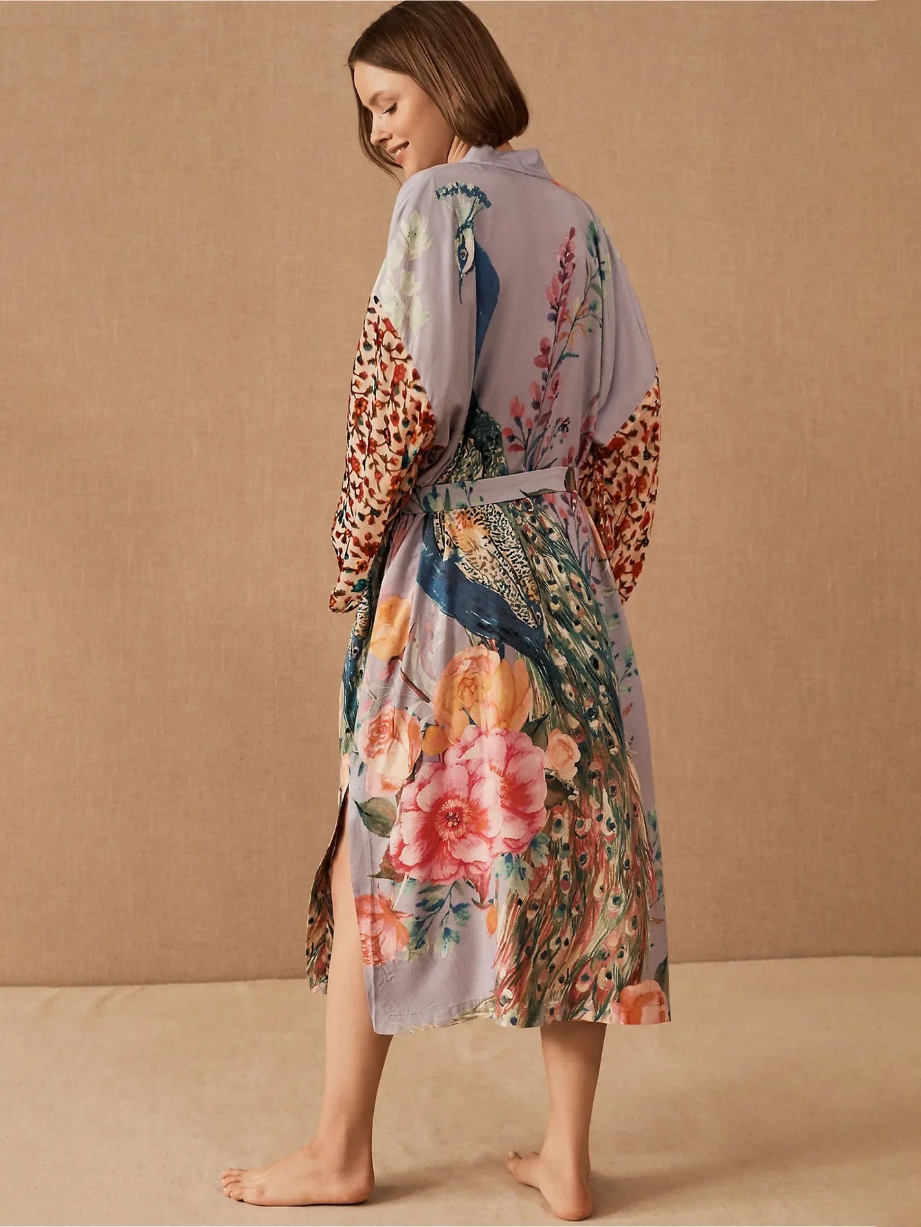 Kimono de Plage Vintage Fleuri Violet ceinturé