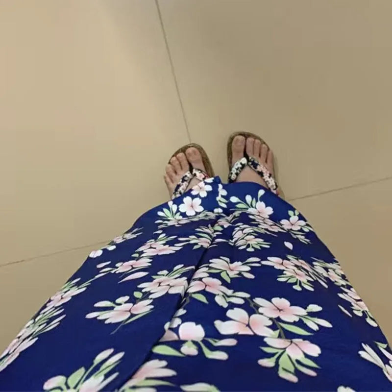 Kimono Japonais Femme Bleu Floral Longueur