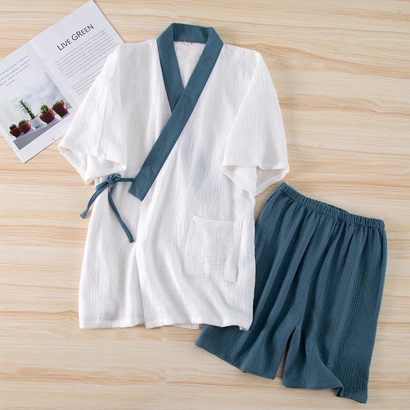 Pyjama Kimono en Coton Short Épuré bleu