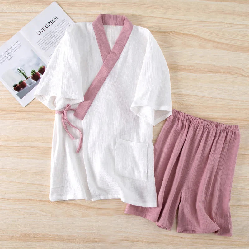 Pyjama Kimono en Coton Short Épuré rose