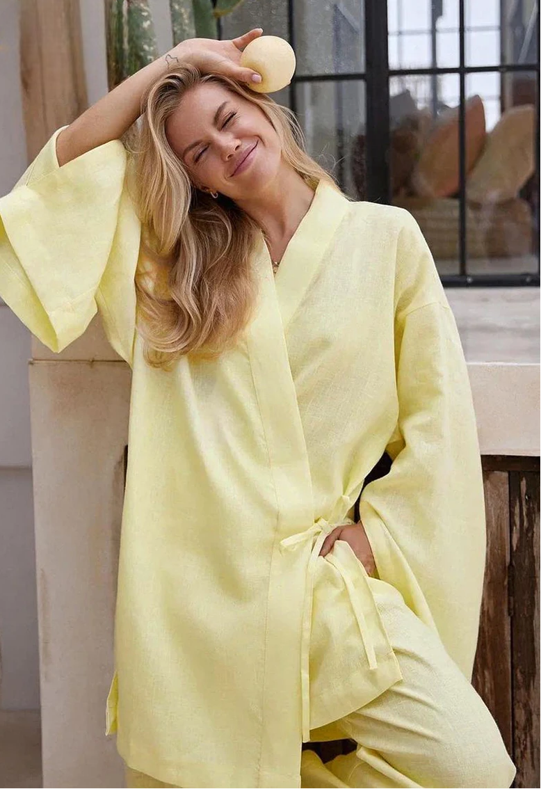 Ensemble Kimono Surdimensionné Jaune Léger