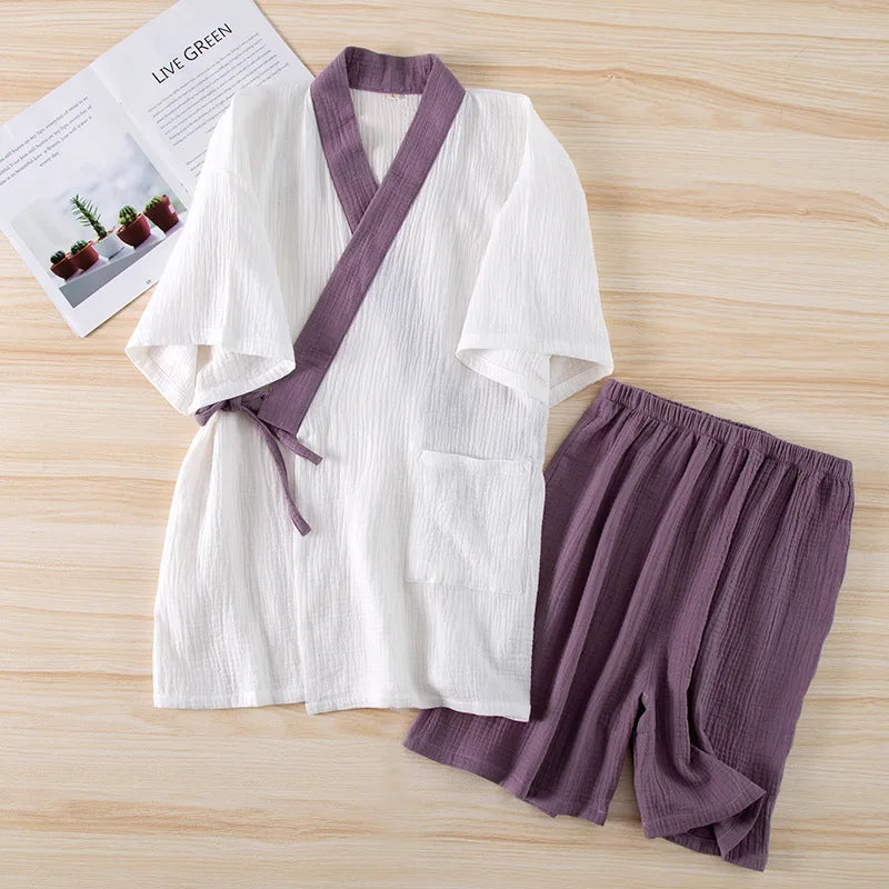 Pyjama Kimono en Coton Short Épuré violet