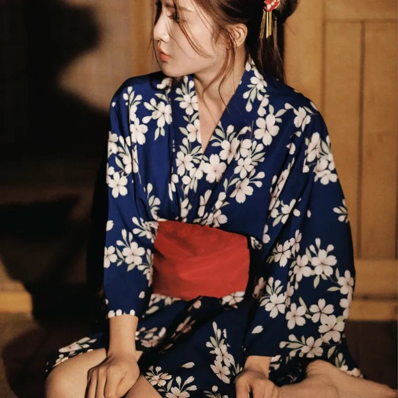 Kimono Japonais Femme Bleu Floral Léger