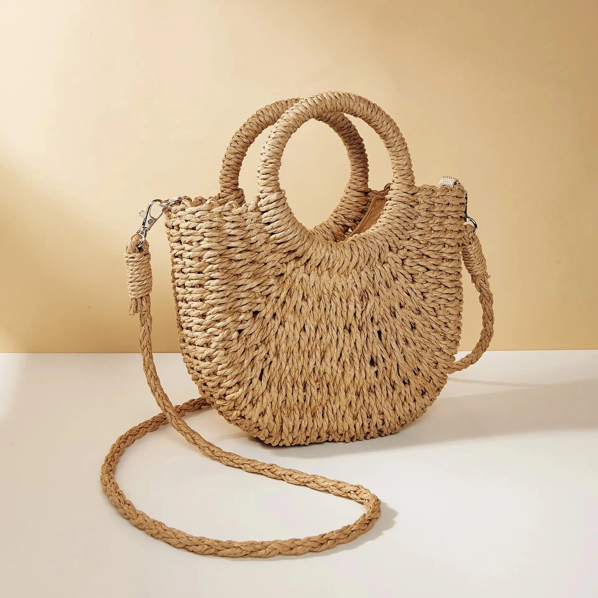 Sac à Main Tissé en Paille Beige