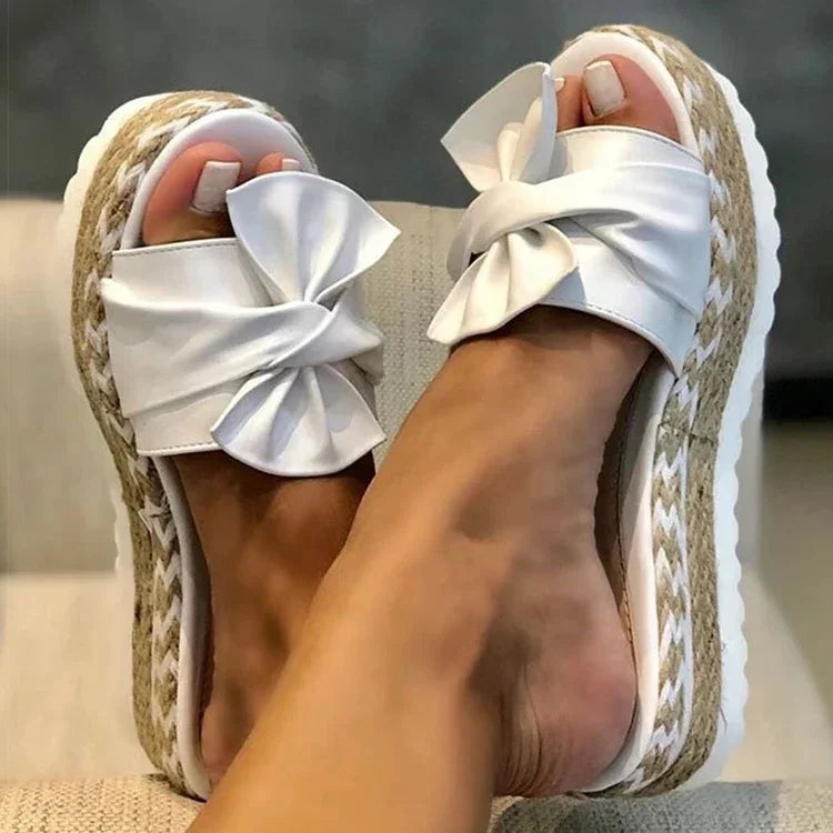 Sandales Compensées à Nœud Blanc