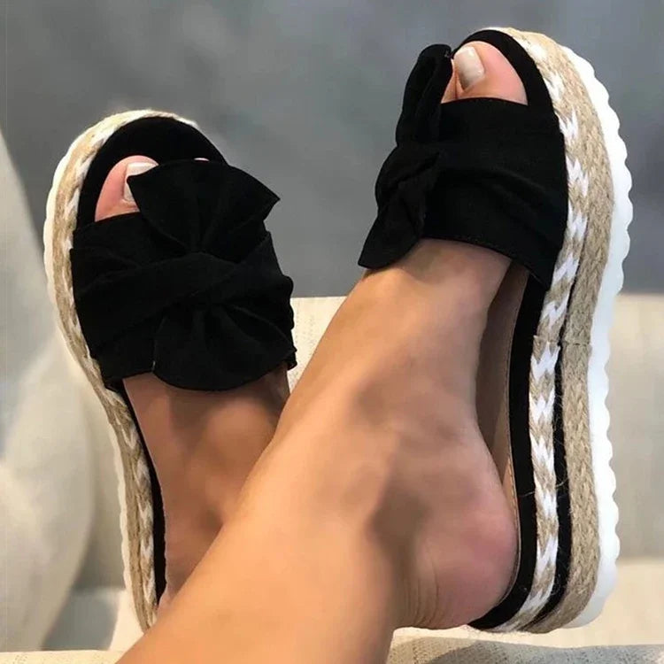 Sandales Compensées à Nœud Noir