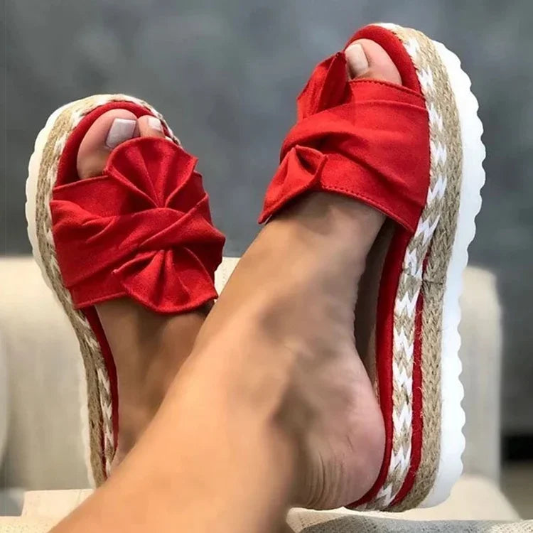 Sandales Compensées à Nœud Rouge