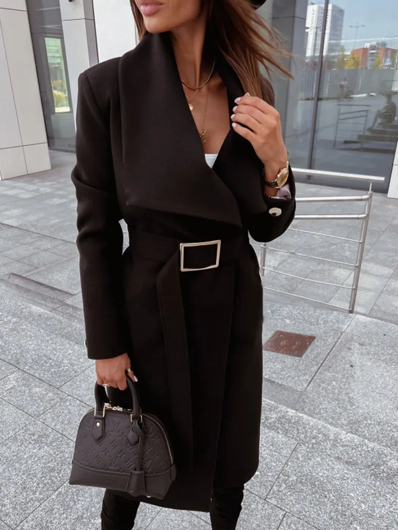 Manteau Kimono Noir à Ceinture Bohème