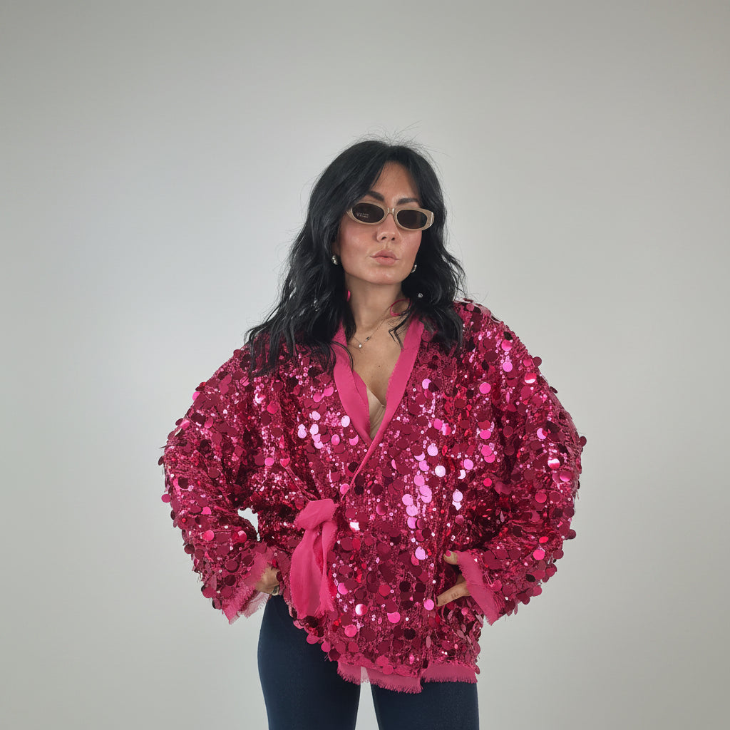 Veste Kimono Fuchsia à Paillettes