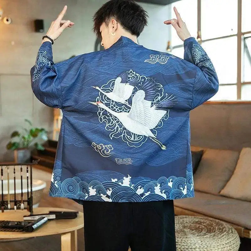 Veste Kimono Homme Bleue Grues