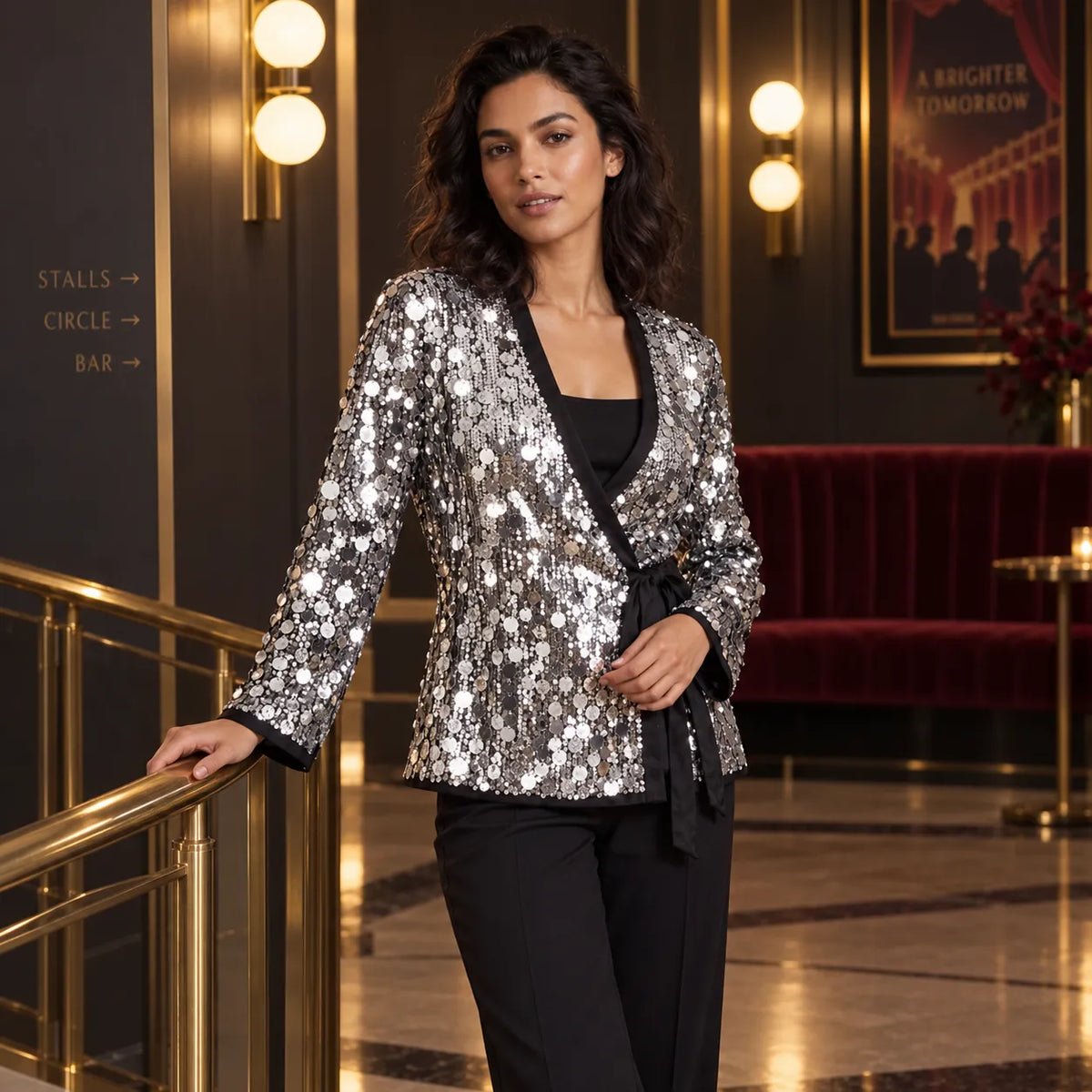 Veste Kimono à Paillettes Argentées