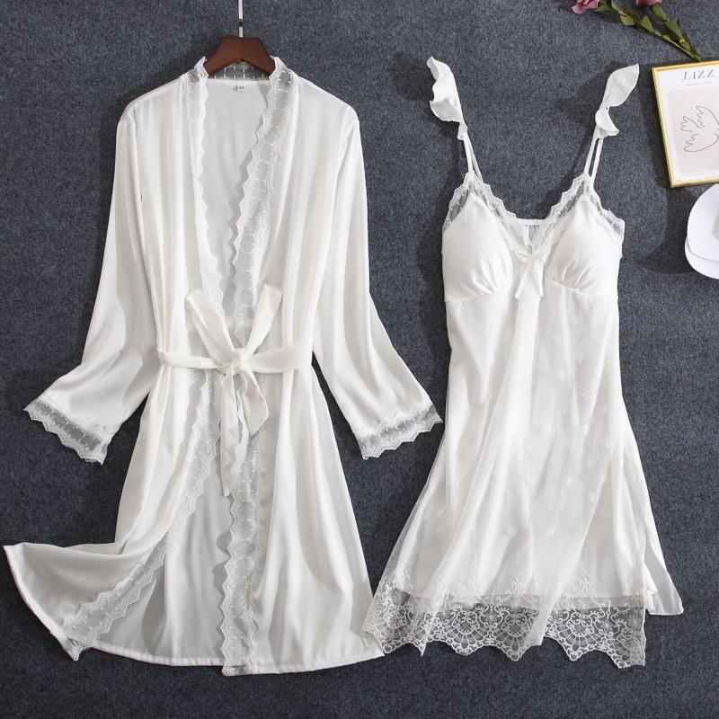 Ensemble Robe Kimono Blanc Dentelle Sexy