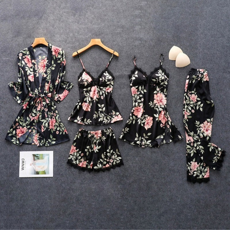 Kimono Noir Lingerie 5 Pièces