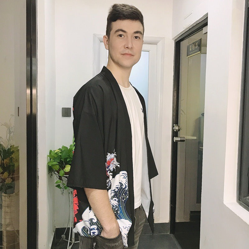 Veste Kimono Japonais Dragon Bleu