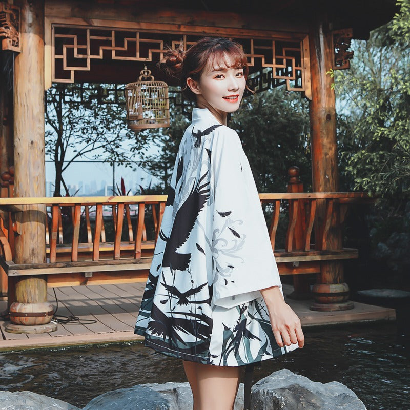 Veste Kimono Japonais Corbeau Blanc