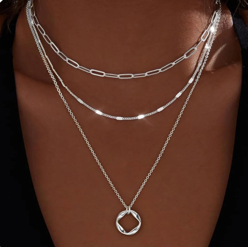 Collier Triple Chaîne Tendance Argenté