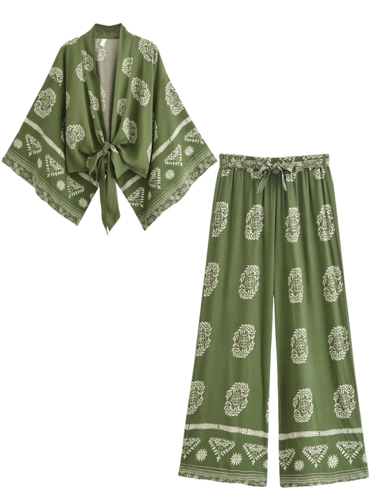 Ensemble Kimono Bohème Vert Fluide